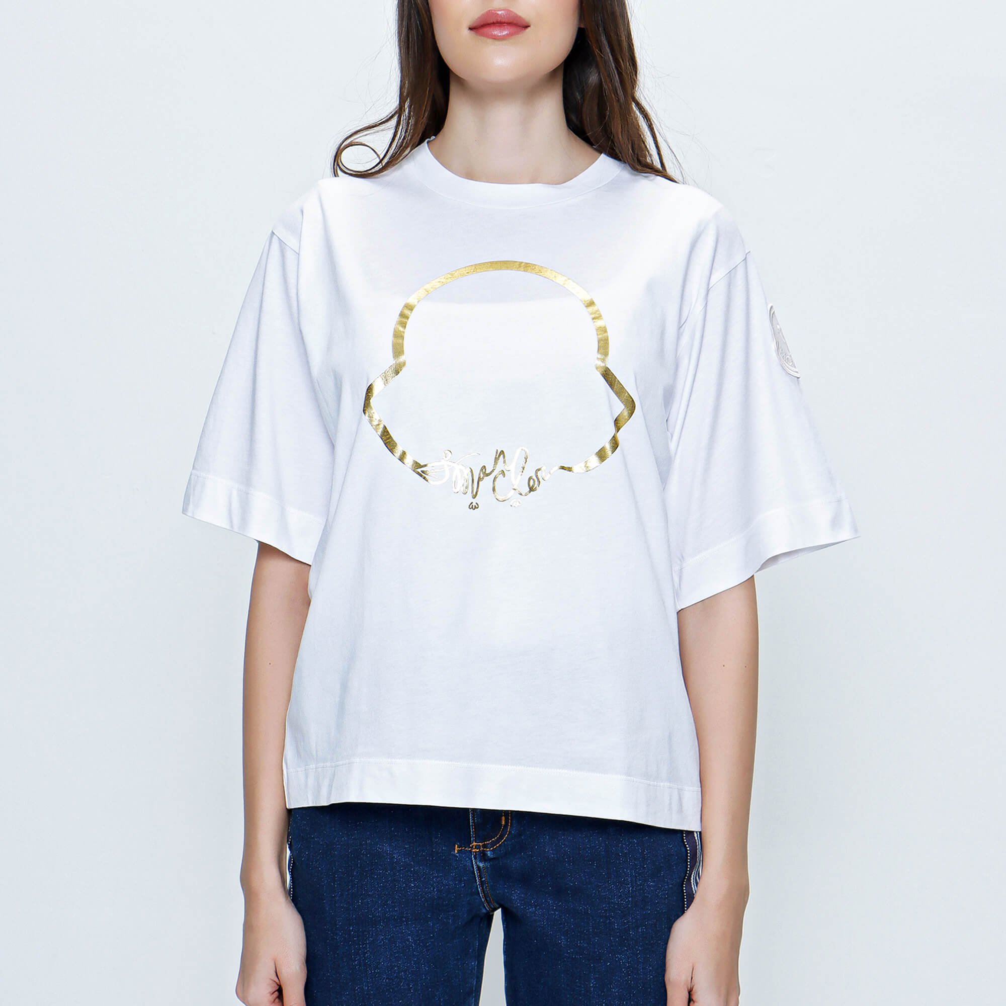 Moncler - White Cotton Gold Logo Girocollo T shirt 